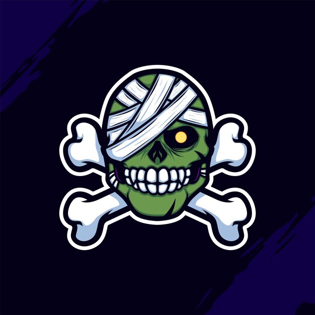 Vector mascot logo of green zombie head wrapped in bandage with crossed bones