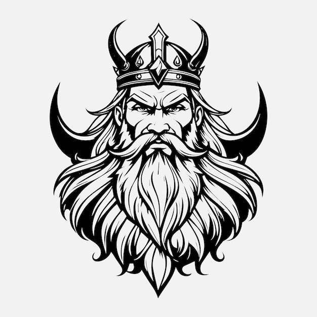 Mascot logo Majestic Bearded Viking King Vector Outline black color in white background