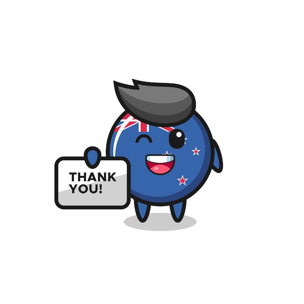 The mascot of the new zealand flag badge holding a banner that says thank you