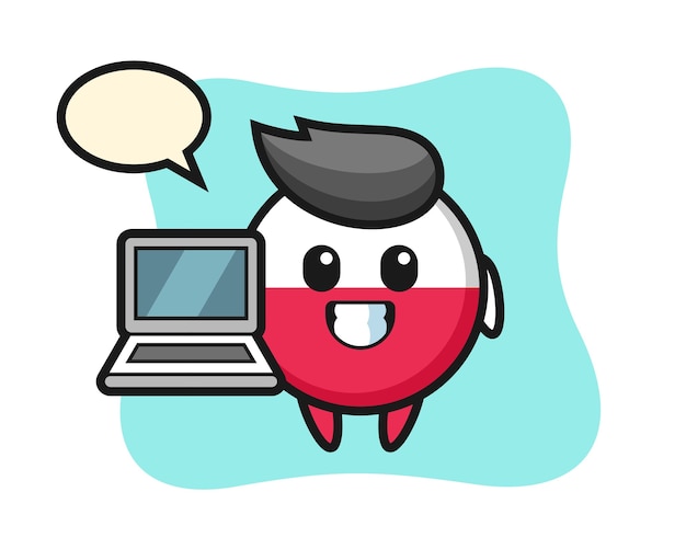 Mascot poland flag badge with a laptop