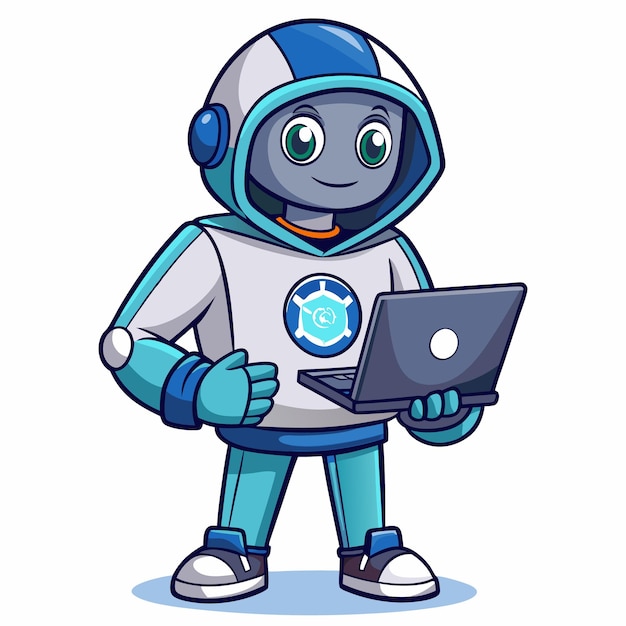 Vector mascot robot playing laptop