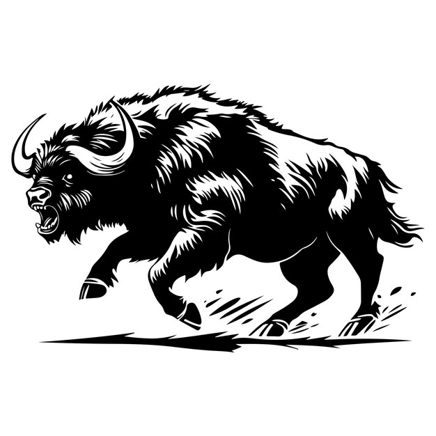 Vector the mascot of running angry buffalo clean black and white vector silhouette