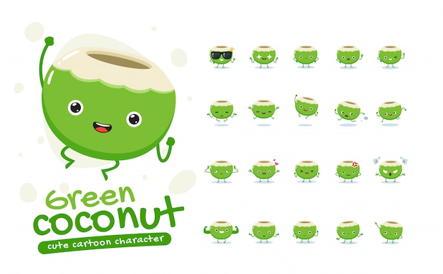 Mascot Set of the Green Coconut. Twenty Mascot poses. Isolated   Illustration