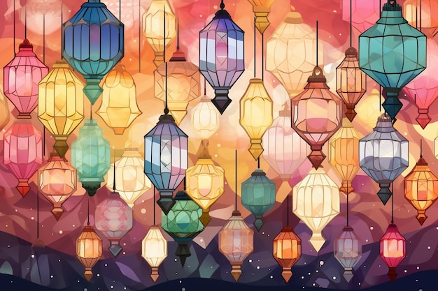 Mashrabi Mosaic Background with Lanterns