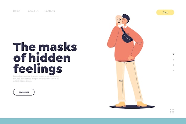 Mask of hidden feelings concept of landing page with sad male character hide real emotion under mask