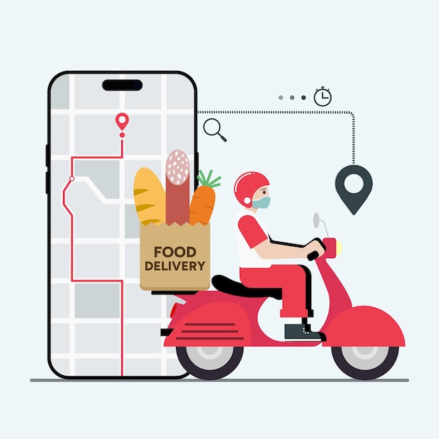 Masked courier online food delivery vector illustration