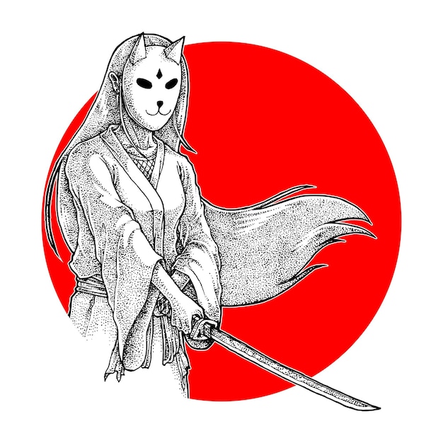 Masked Samurai Girl Holding Katana Illustration