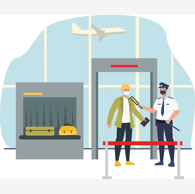 Masked security officer checking passenger body temperature at airport gate during new normal illustration