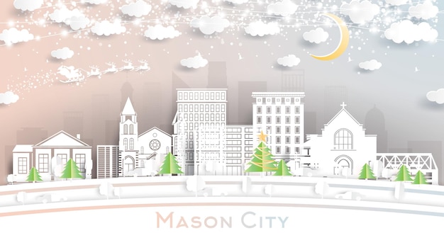 Mason City Iowa City Skyline in Paper Cut Style with Snowflakes Moon and Neon Garland