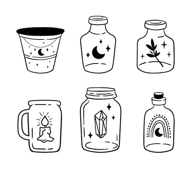 Mason jar clipart bundle Celestial magic jar black and white glass bottles isolated items