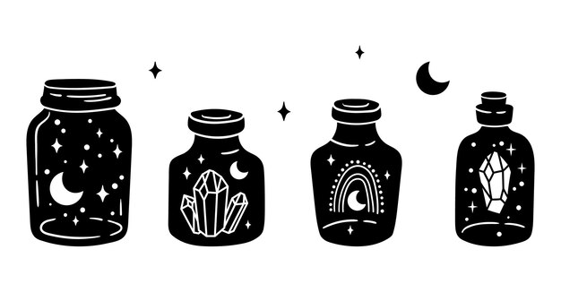 Vector mason jar clipart bundle celestial magic jar black and white glass bottles isolated items