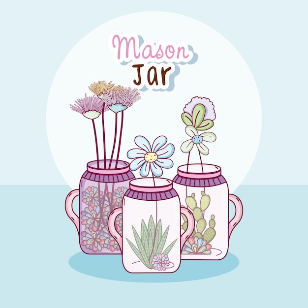 Mason jar with flowers cute cartoons concept