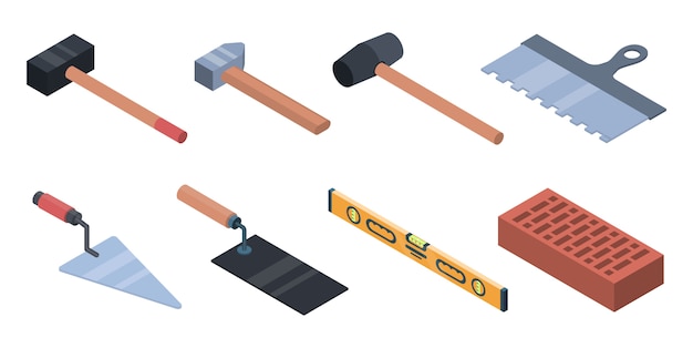 Masonry worker icons set. Isometric set of masonry worker vector icons for web design isolated on white background