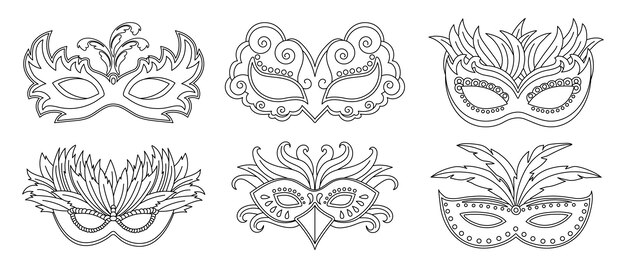 Vector masquerade carnival masks, outline drawing set. illustration, sketch for coloring, vector