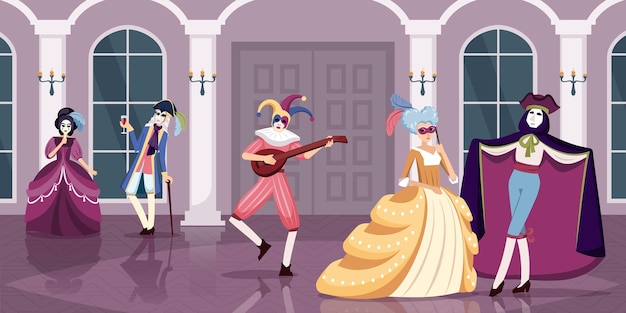 Masquerade people night ball people celebrate and dancing in fashioned beautiful costumes masked faces dresses and retro pants princeses and prince Vector cartoon background