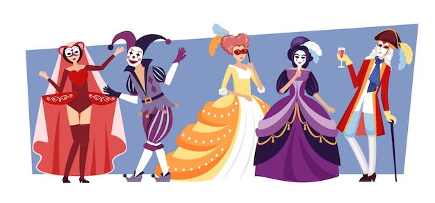 Masquerade people performing fashioned male and female persons in beautiful dresses for celebration party masquarade Vector cartoon characters kings and princesses