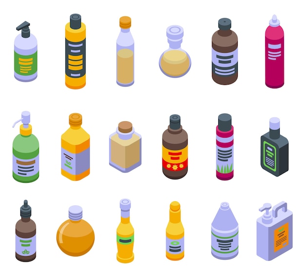 Massage oil icons set isometric vector Almond bottle