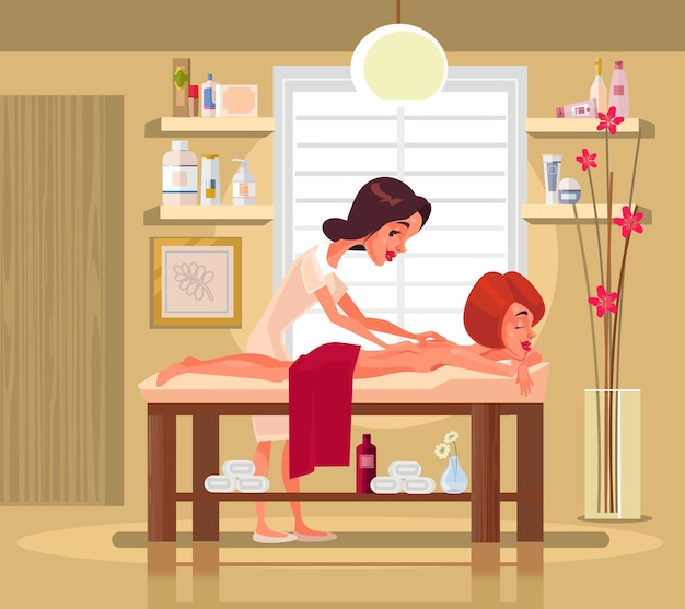 Vector massage therapist professional woman character doing exotic massage to happy smiling woman.  flat cartoon illustration