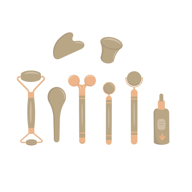 Massage tools set The tension melting massage for face and neck Massage rollers mushroom gua sha and gua sha scraper gua sha spoon serum bottle Flat vector illustration