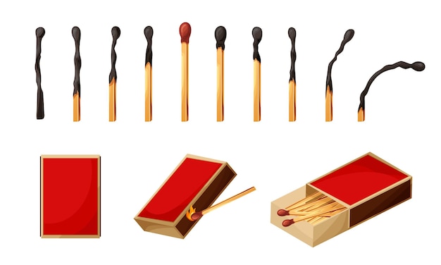 Match box with burnt sticks Set of matchsticks with sulfur head flaming stages from ignition to extinction Cartoon spark bonfire vector illustration