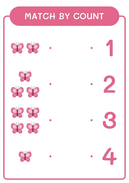 Match by count of Butterfly game for children Vector illustration printable worksheet