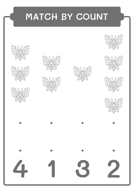 Match by count of Butterfly game for children Vector illustration printable worksheet