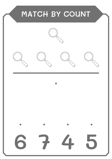 Match by count of Magnifying glass game for children Vector illustration printable worksheet