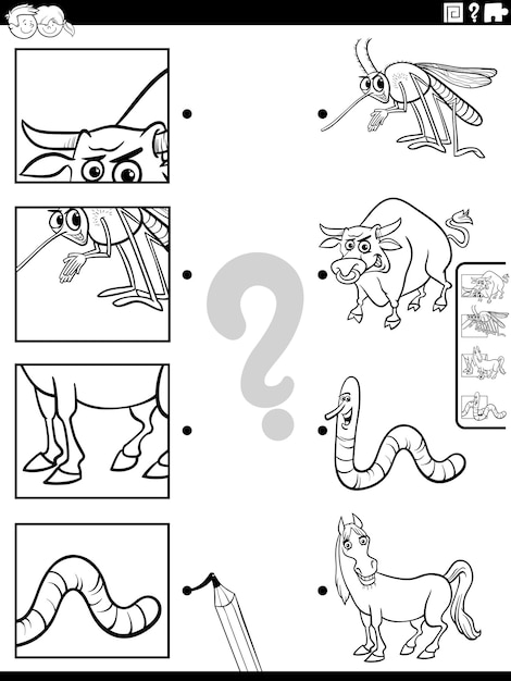 Match cartoon animals and clippings game coloring page