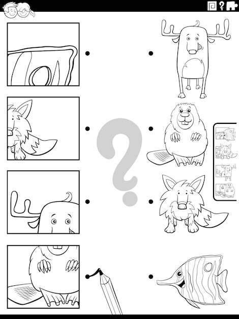 Match cartoon animals and clippings game coloring page