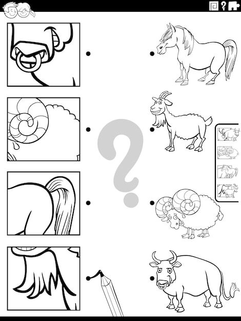 Match cartoon farm animals and clippings game coloring page