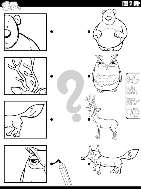 Match cartoon farm animals and clippings game coloring page