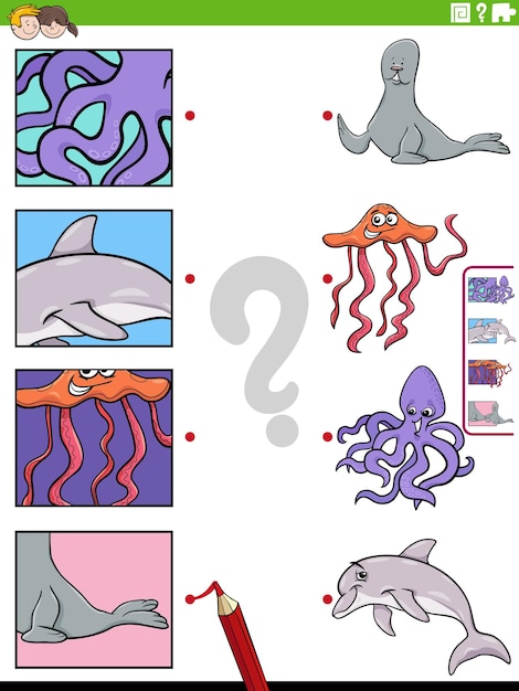 Match cartoon marine animals and clippings educational game