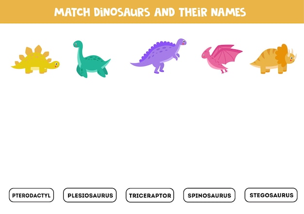 Match dinosaurs and their names. Educational logical game for kids.