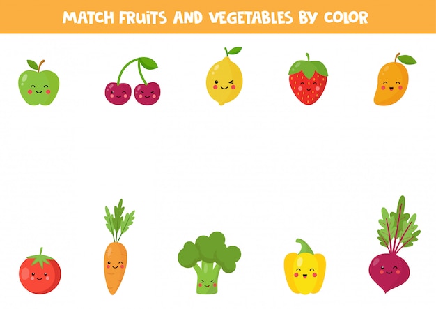 Match fruits and vegetables by color. Educational logical game for kids. Funny puzzle.