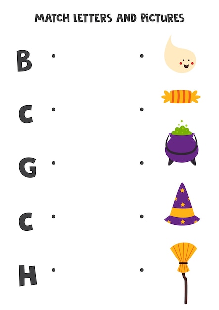 Match Halloween elements and letters. Educational logical game for kids. Vocabulary worksheet.