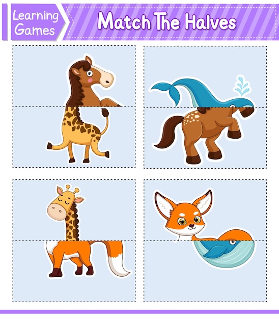 Match The Halves Of Animals Matching Game For Kids Education Developing Worksheet Vector Illustration Cute Character Cartoon Style