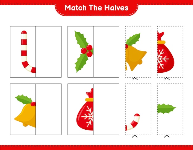 Match the halves. Match halves of Christmas Decoration. Educational children game, printable worksheet,  illustration