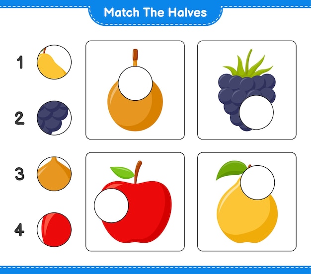 Match the halves. Match halves of Fruits. Educational children game, printable worksheet 