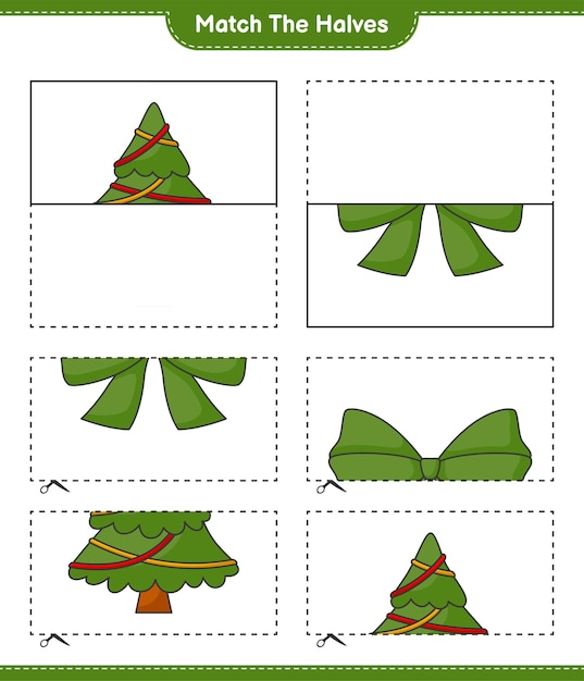 Match the halves Match halves of Ribbon and Christmas Tree Educational children game printable