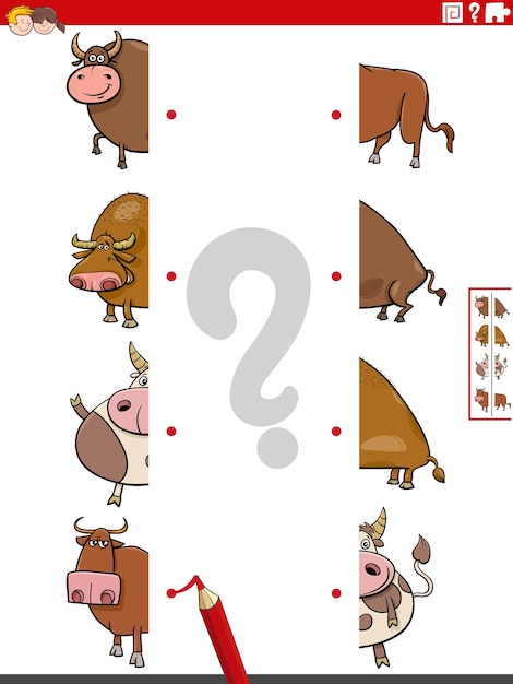 match halves of pictures with cartoon bulls educational game