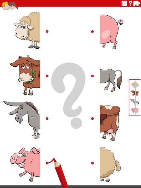 match halves of pictures with farm animals educational task