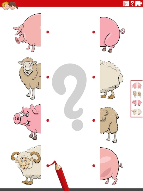 Match halves of pictures with farm animals educational task