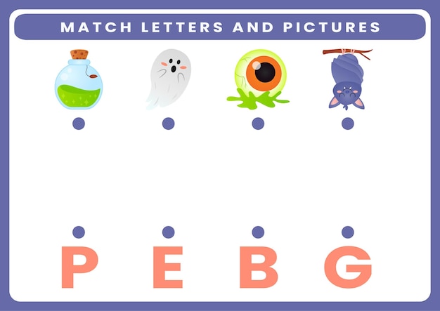 Match letters and pictures worksheet for kids theme halloween