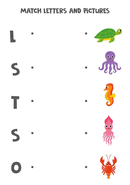 Match letters and words Logical puzzle for kids Sea animals