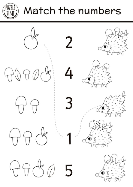 Match the numbers black and white game with funny hedgehog Forest math activity or coloring page