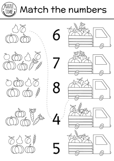 Match the numbers black and white game with van and harvest Autumn line farm math activity with cute vegetables fruit Educational printable counting worksheet or coloring page for kidsxA