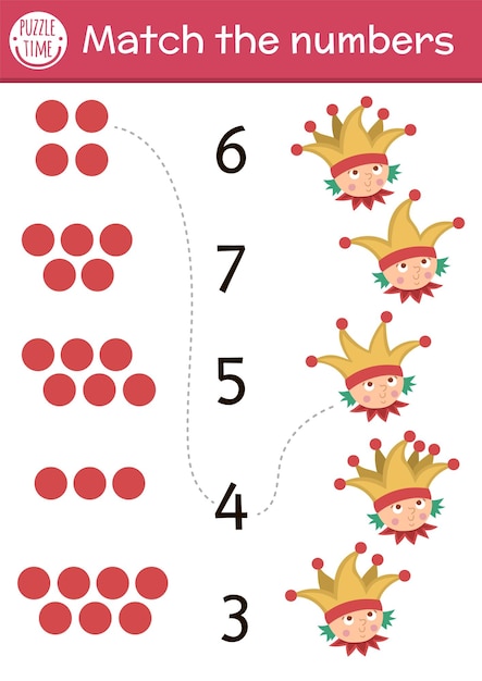 Match the numbers game with buffoon and bells on hat Fairytale math activity for preschool children Magic kingdom educational printable counting worksheet for kids with funny characterxA