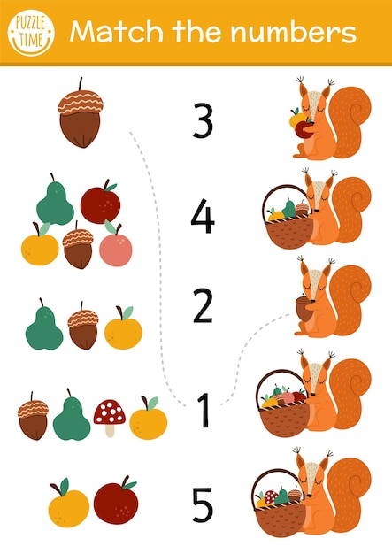 Match the numbers game with squirrel and fruit basket Autumn farm or forest math activity for preschool children with cute animal Educational printable counting worksheet for kidsxA