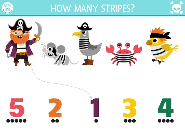 Match the numbers pirate game with animals in striped shirts Treasure island hunt math activity for preschool kids Sea adventures educational printable counting worksheetxA