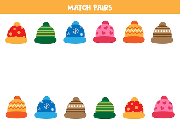 Match pairs of winter caps. Educational worksheet for preschool kids